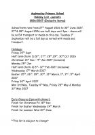 Holiday List for School Year 2026-2027(inclusive)